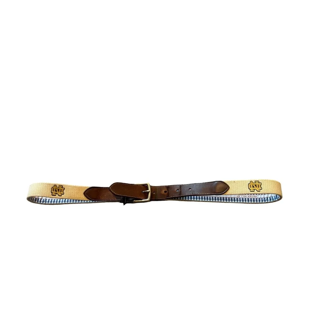 Peter Millar Notre Dame Fighting Irish Canvas Leather Belt Mens Tan Brown USA